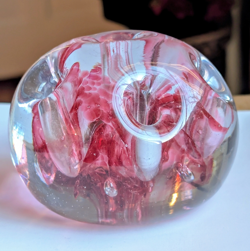 Vintage Signed Handmade Art Glass Paperweight with Unique Hole Pattern